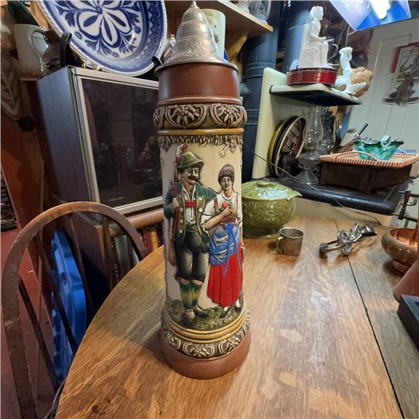 Large German Beer Stein With Pewter Lid, 1.5L, Relief Decor