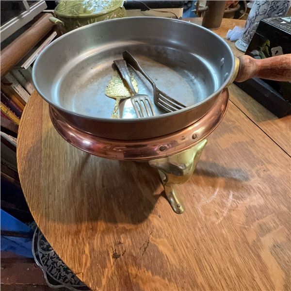 Antique Brass Legged Chafing Dish With Utensils