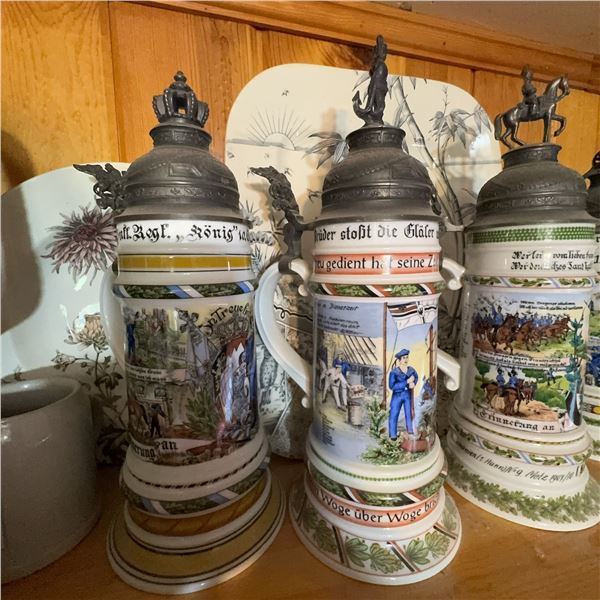 4 German Regimental Beer Steins, Relief Lids, c.1900-1910