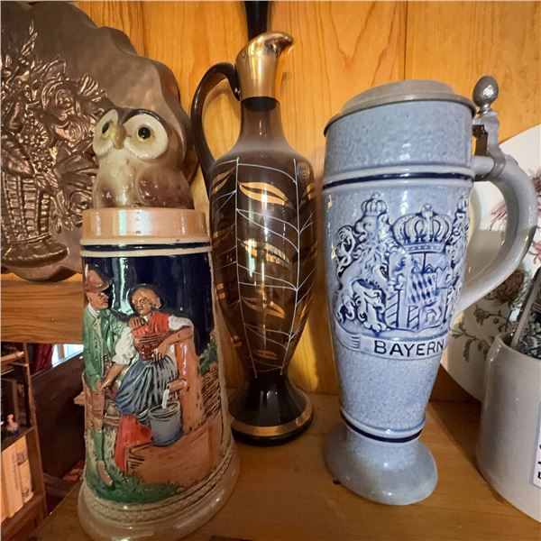 3: Bayern Beer Stein, Owl Mug, and Decorative Ewer