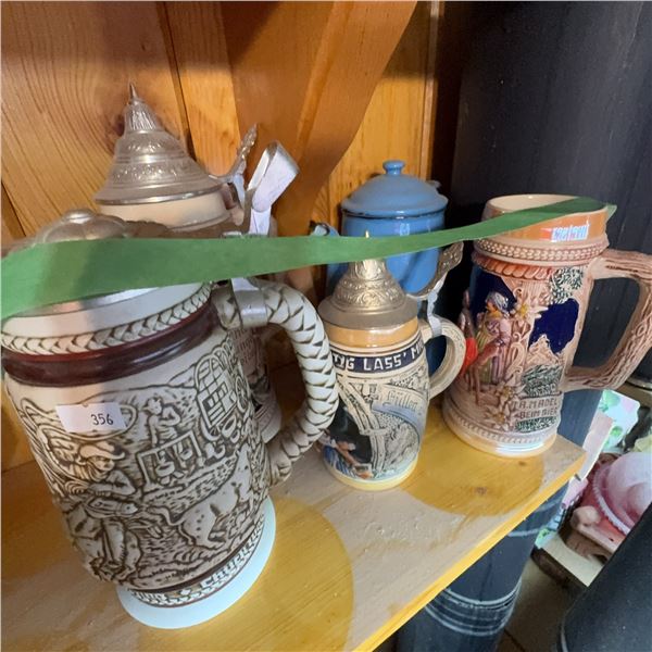 3 German Beer Steins and 1 Vintage Enamel Coffee Pot