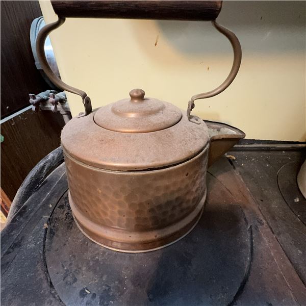 Antique Hammered Copper Kettle With Wooden Handle