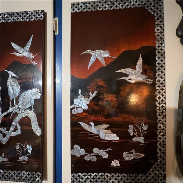 Asian Mother of Pearl Inlay Wall Panels with Birds