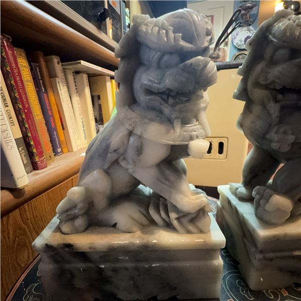 Carved Marble Chinese Foo Dog Statues, 11.5" Tall