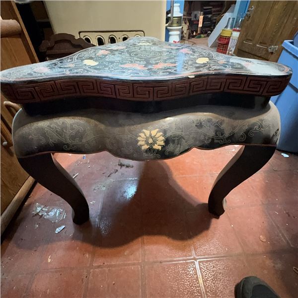 Carved Black Lacquer Triangular Side Table with Floral Inlay