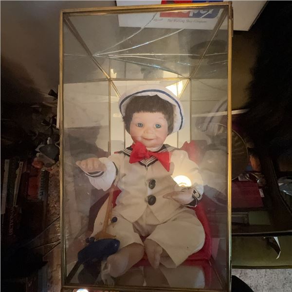 Porcelain Sailor Boy Doll in Glass Display Case 16x9x8 in
