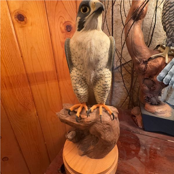 Hand-Carved Wooden Peregrine Falcon Sculpture, Signed, 15” Tall