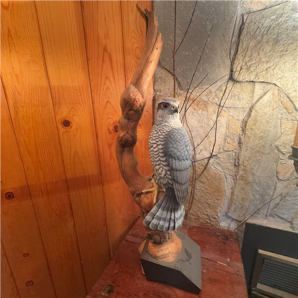Hand-Carved Wooden Hawk Sculpture on Driftwood Base