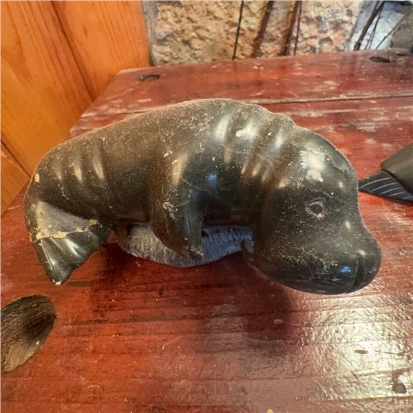 Two Inuit Carvings: Manatee by Sammy Kalvak and Loon, Soapstone