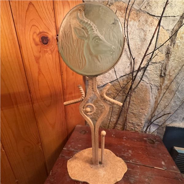 Vintage Cast Metal & Art Glass Ibex Medallion Sculpture, 13.5" Tall