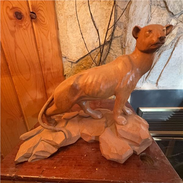 1967 Hand-Carved Wood Mountain Lion Statue, Signed G.A.B.C.T.C.