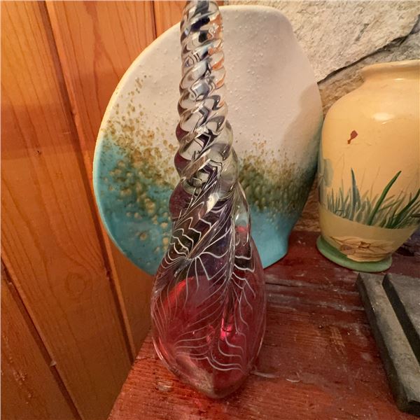 Decorative Glass Sculpture, Painted Ceramic Vase, and Abstract Pottery Plate Lot