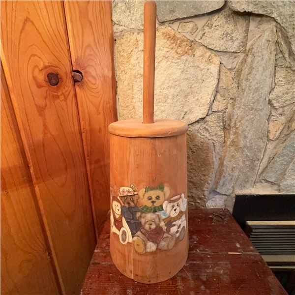 Vintage Hand-Painted Wood Butter Churn with Teddy Bear Motif