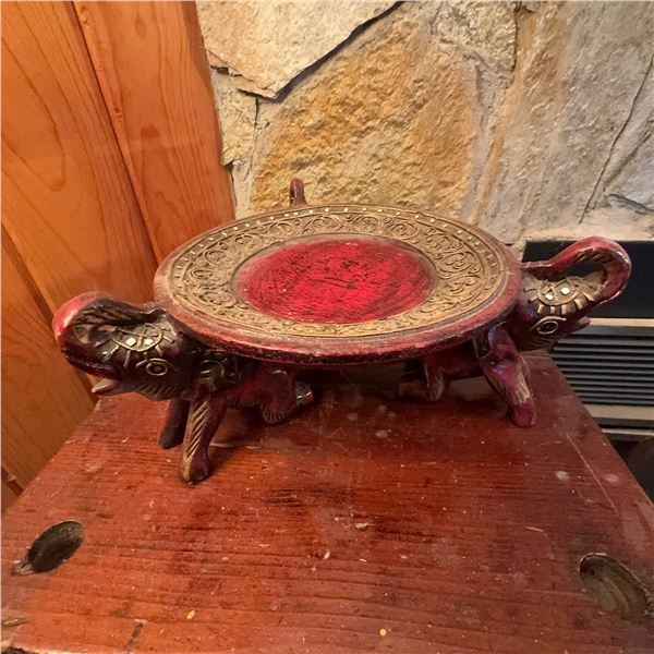 Hand-Carved Wooden Elephant Pedestal Stand, Red and Gold