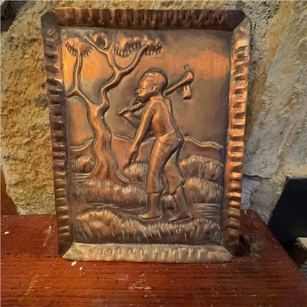 Vintage Embossed Copper Wall Plaque – African Boy Scene