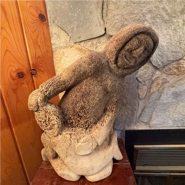 Large Carved Inuit Figure in Soapstone, 18" Tall