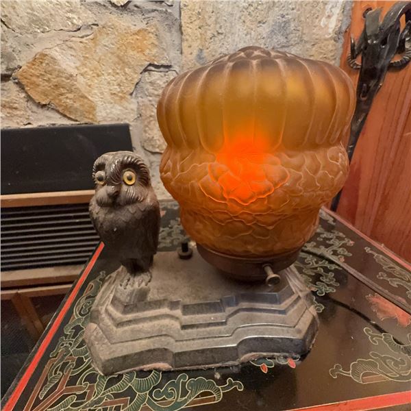 Vintage Owl Table Lamp with Amber Glass Globe