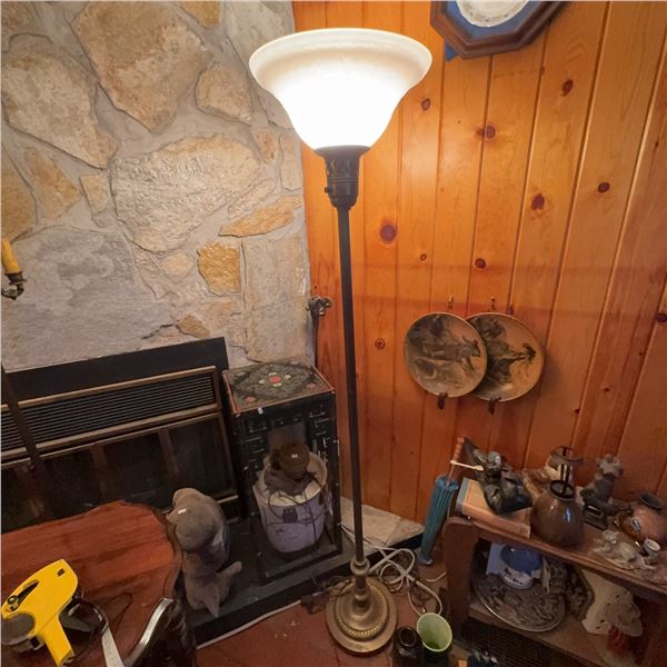 Vintage Brass Torchiere Floor Lamp with Frosted Glass Shade