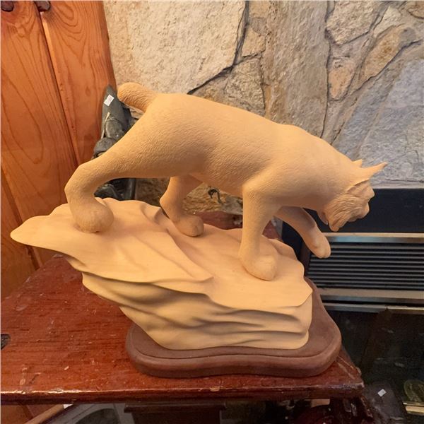 Carved Wood Lynx Sculpture Signed Sig 2009