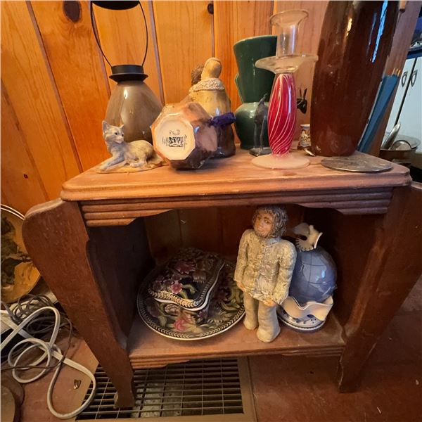 Vintage Wooden Side Table With Assorted Decorative Items