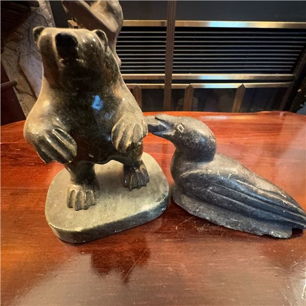 3 Stone and Ceramic Sculptures: Bear and Bird, Bird, and "Arrabalera"