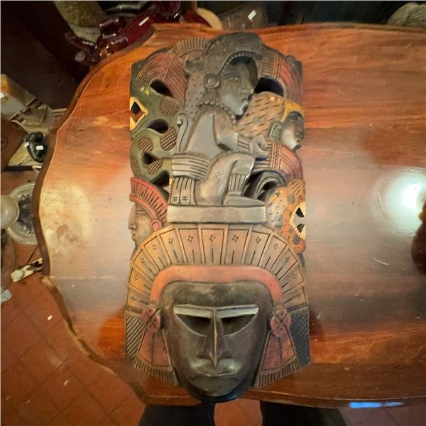 Hand-Carved Wooden Tribal Mask with Warrior Motif