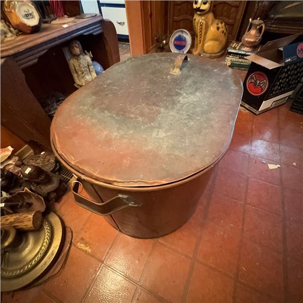 Large Antique Oval Copper Wash Tub with Lid and Handles