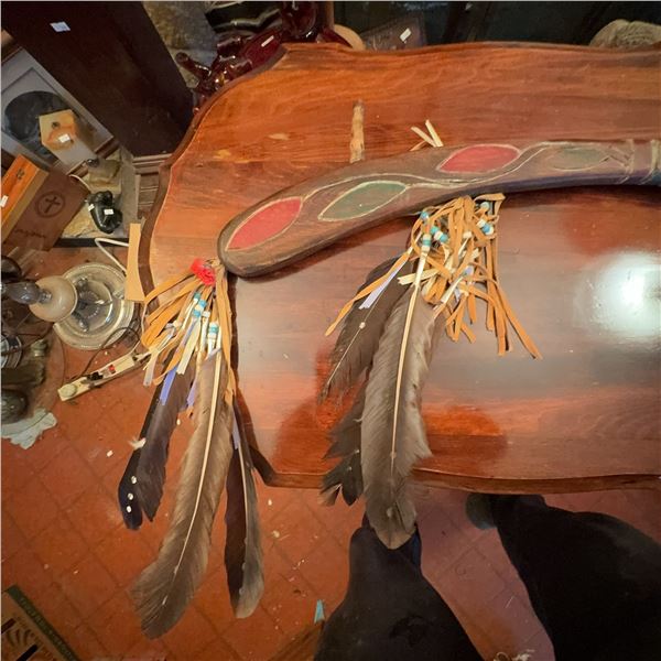 Decorative Native-Style Painted Wooden Tomahawk With Feathers