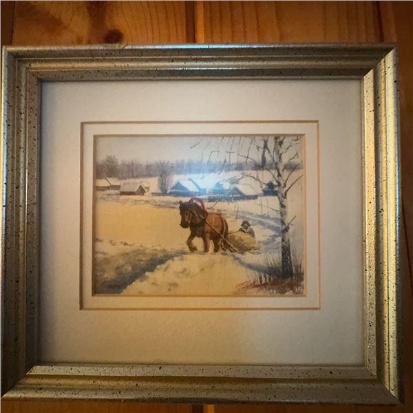 Framed Winter Horse and Sleigh Print