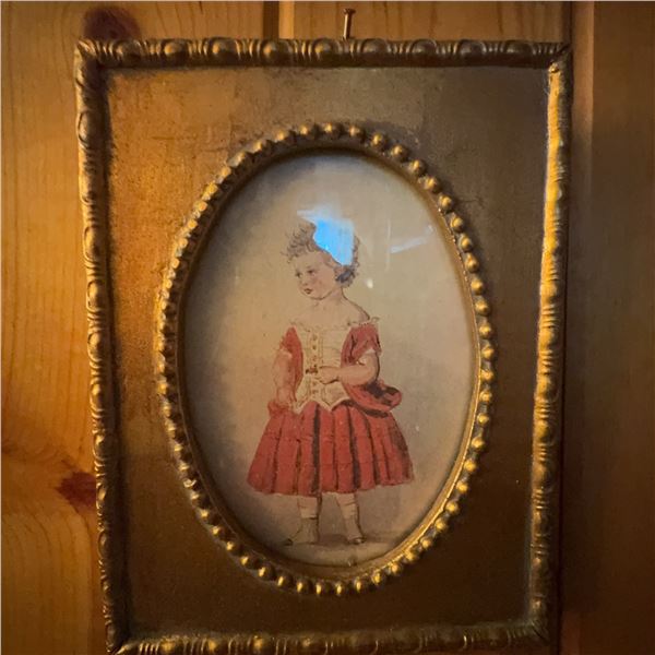 Antique Framed Portrait of Young Girl in Red Dress