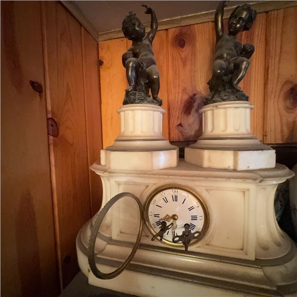 Antique French White Marble Mantel Clock With Bronze Cherubs