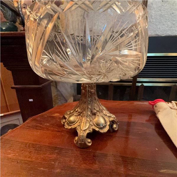 Cut Glass Compote with Ornate Brass Pedestal Base