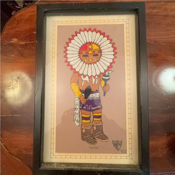 Framed Hopi Tawa Sun Kachina Sand Art Signed WDP