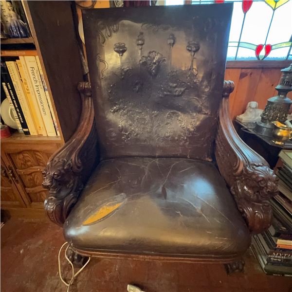 Antique Carved Lion Armchair with Embossed Leather