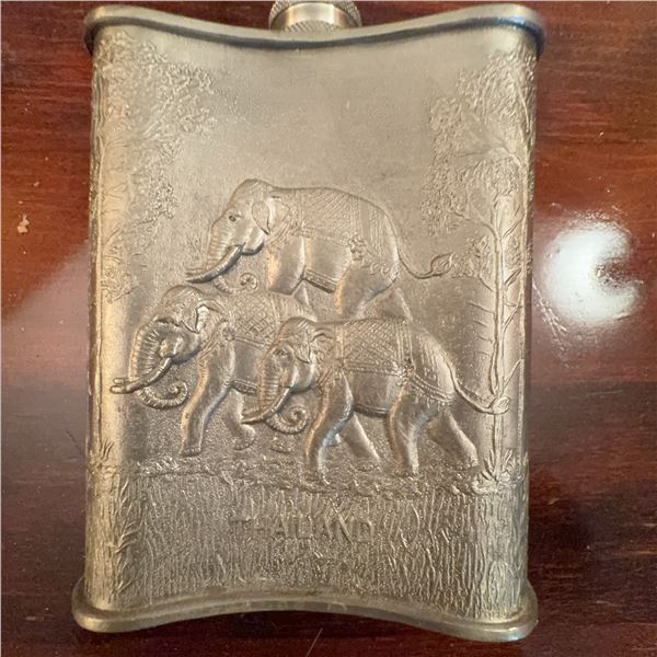 Thai Pewter Flask with Elephant and Cultural Motifs