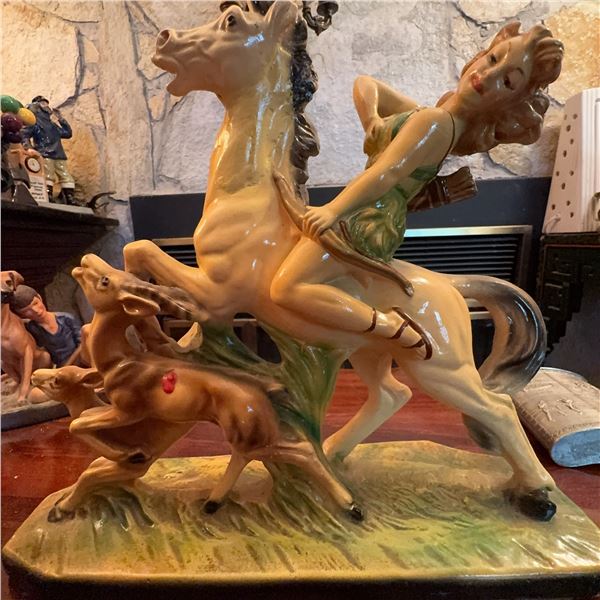 Marwal Chalkware Sculpture, Huntress on Horseback, Marked Damesi
