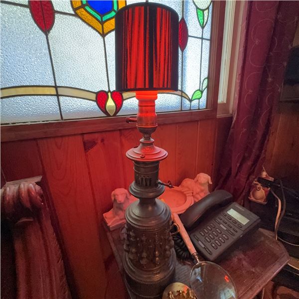 Antique Metal Table Lamp with Ornate Details and Red Shade