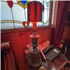 Image 1 : Antique Metal Table Lamp with Ornate Details and Red Shade