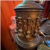 Image 2 : Antique Metal Table Lamp with Ornate Details and Red Shade