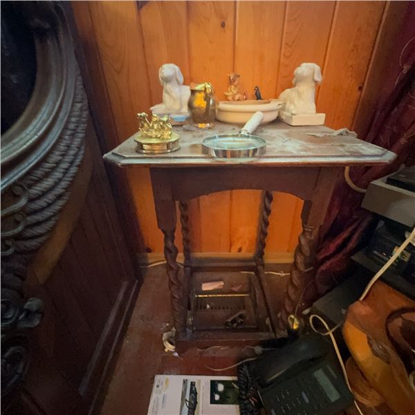 Antique Wood Side Table With Collectibles Lot