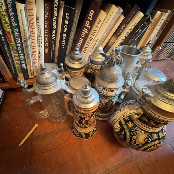German Beer Steins and Pewter Tankards, 9 Pieces