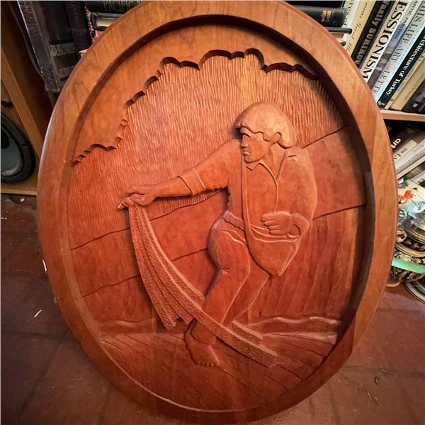 Large Hand-Carved Wooden Relief Plaque of Fisherman