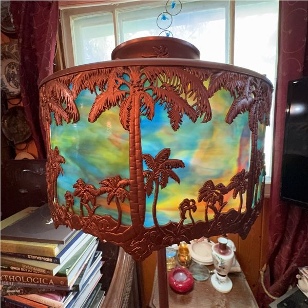 Vintage Floor Lamp With Palm Tree Stained Glass Shade