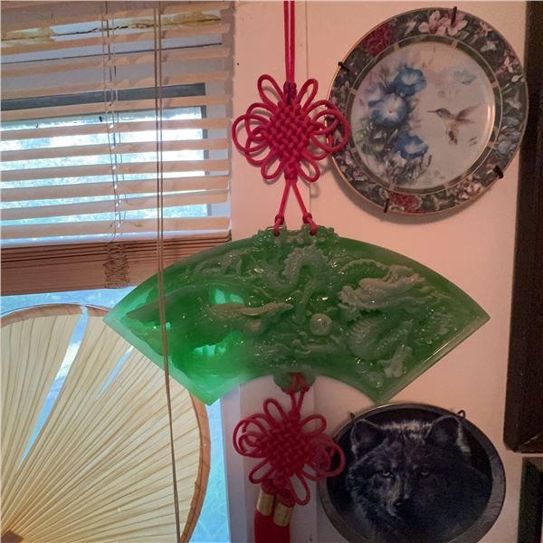 Chinese Green Jadeite Style Wall Hanging With Dragon and Phoenix Relief