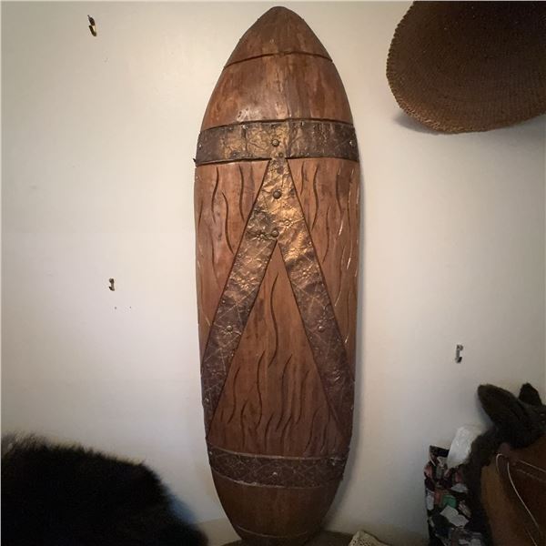 Decorative Wooden Tribal-Style Shield With Metal Accents