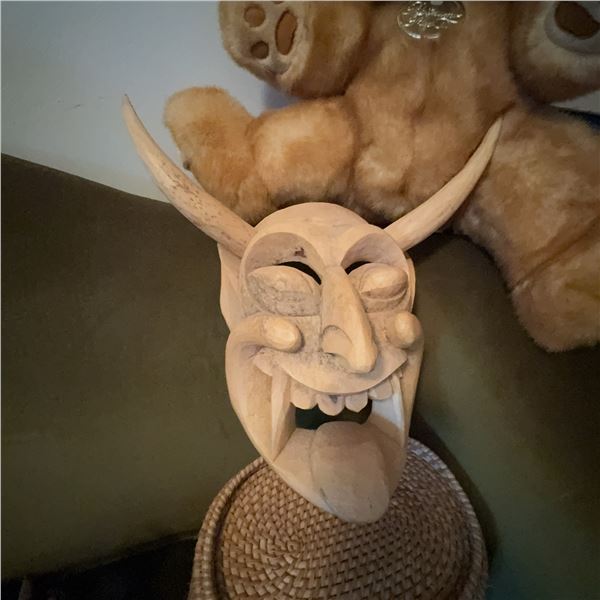 Hand-Carved Wooden Demon Mask with Horns
