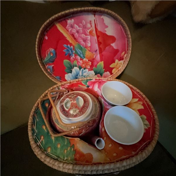 Vintage Chinese Porcelain Teapot Set in Woven Basket Case