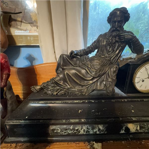 Antique French Mantel Clock With Bronze Philosopher Figure