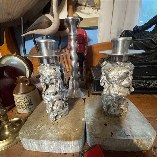 Pair Brutalist Style Metal and Stone Candlesticks