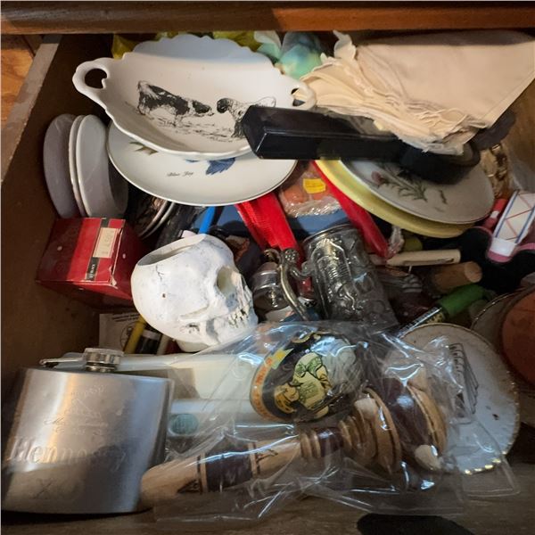 Eclectic Drawer Lot: Flasks, Dice Plates, Skull, Trinkets